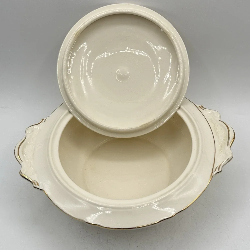 VTG 1940's Crown Potteries Co Covered Dish‎ - Vegetable Bowl - Gold Trim -